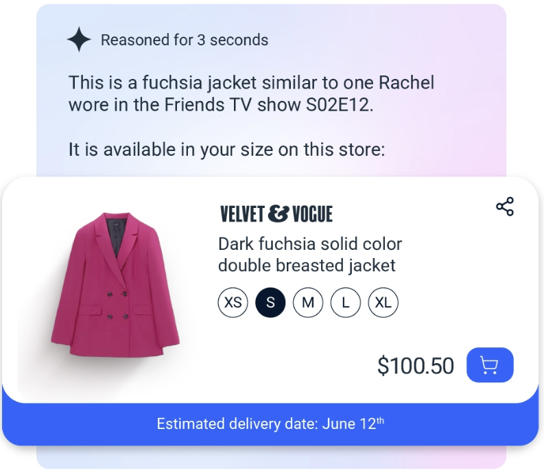 AI assistant recommending a fuchsia jacket from a marketplace